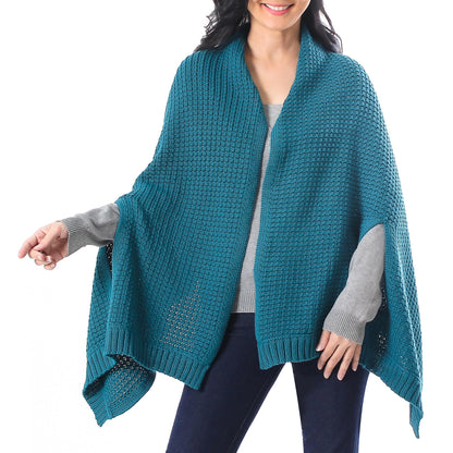 Chic Warmth in Teal Patterned Knit Cotton Shawl in Teal from Thailand
