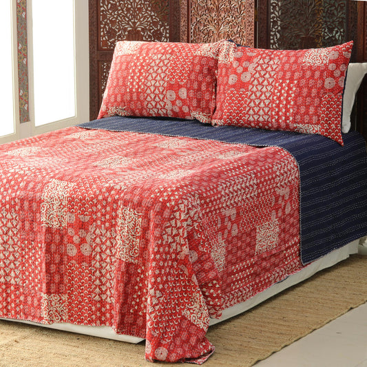 Kantha Charm in Red Red Kantha Stitch Cotton Bedding Set from India (3 Pcs)