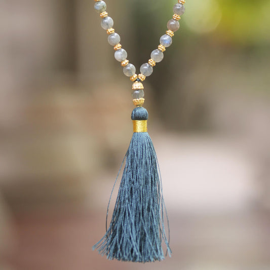 Batuan Harmony Gold Accented Labradorite and Wood Beaded Pendant Necklace