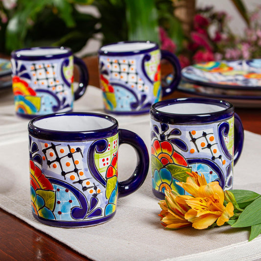 Raining Flowers Four Mexican Talavera Style Floral Ceramic Mugs