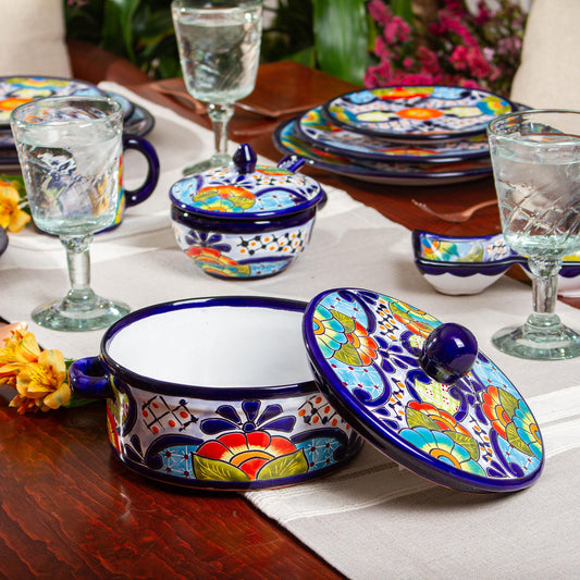 Raining Flowers Mexican Talavera Style Ceramic Tortilla Container and Lid