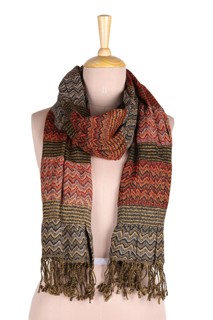 Autumn Waves Wave Pattern Wool Scarf from India