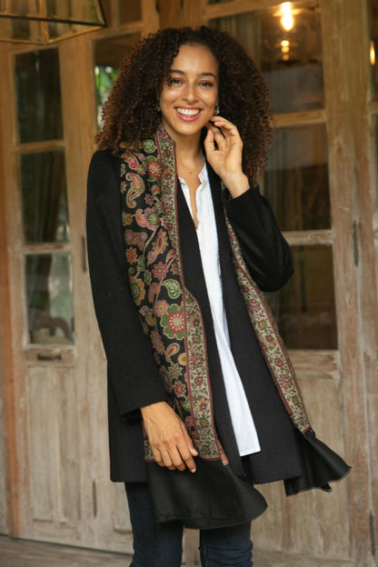 Midnight Garden Floral Wool Shawl in Black from India