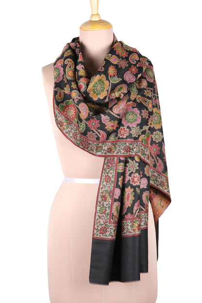 Midnight Garden Floral Wool Shawl in Black from India