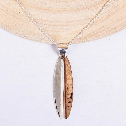 Hammered Abstraction Taxco Sterling Silver and Copper Pendant Necklace