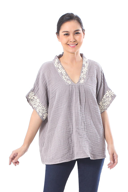 Classic Bloom in Ash Floral Embroidered Cotton Blouse in Ash from Thailand