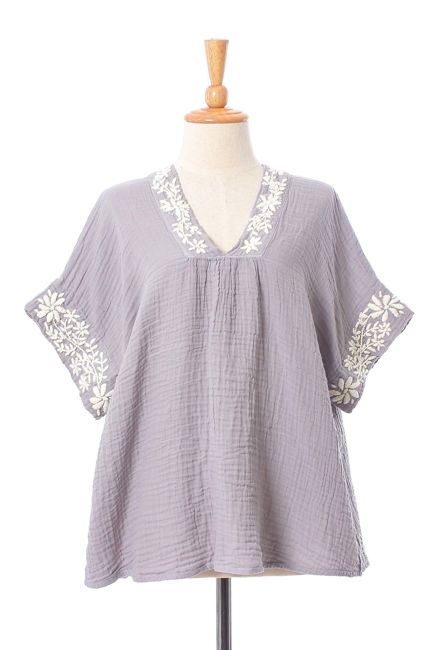 Classic Bloom in Ash Floral Embroidered Cotton Blouse in Ash from Thailand