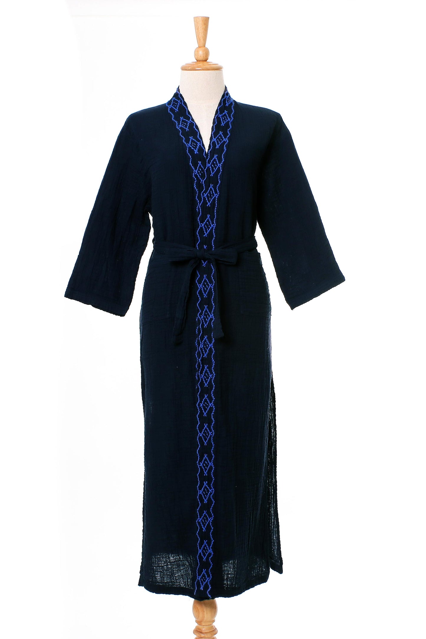 Midnight Relaxation Diamond Embroidered Cotton Robe in Midnight from Thailand