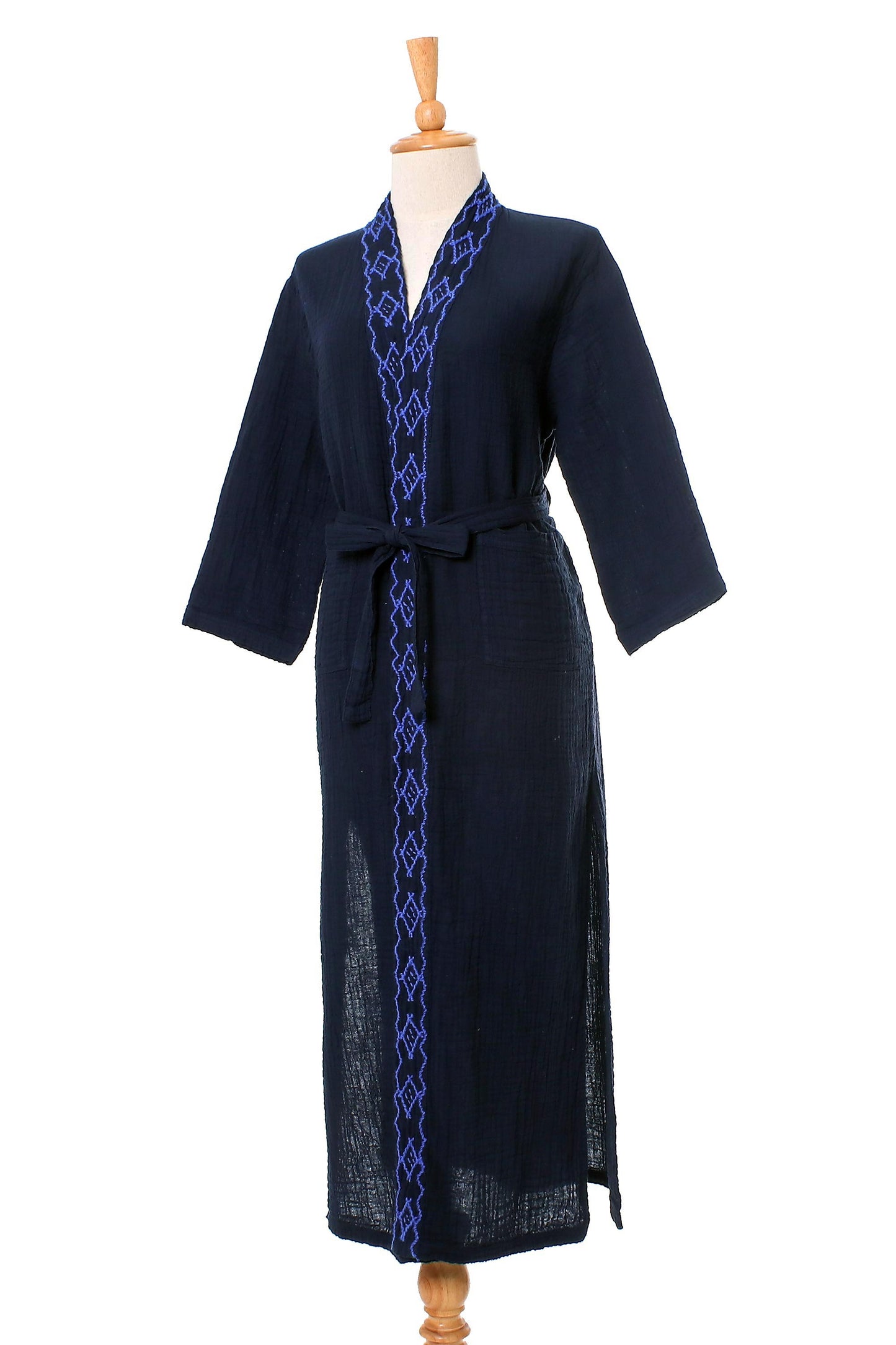 Midnight Relaxation Diamond Embroidered Cotton Robe in Midnight from Thailand