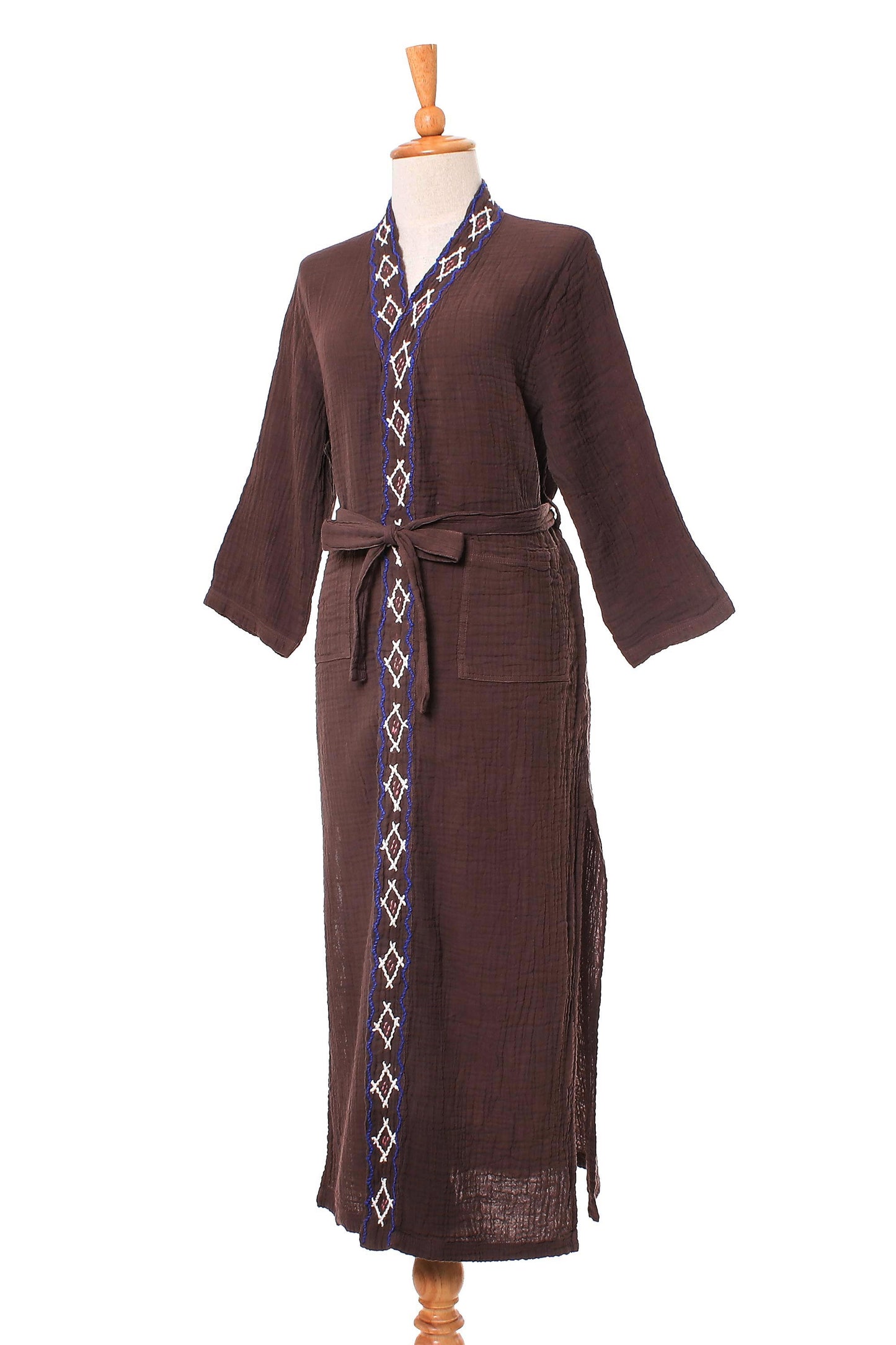 Nature Relaxation Diamond Embroidered Cotton Robe in Chestnut from Thailand