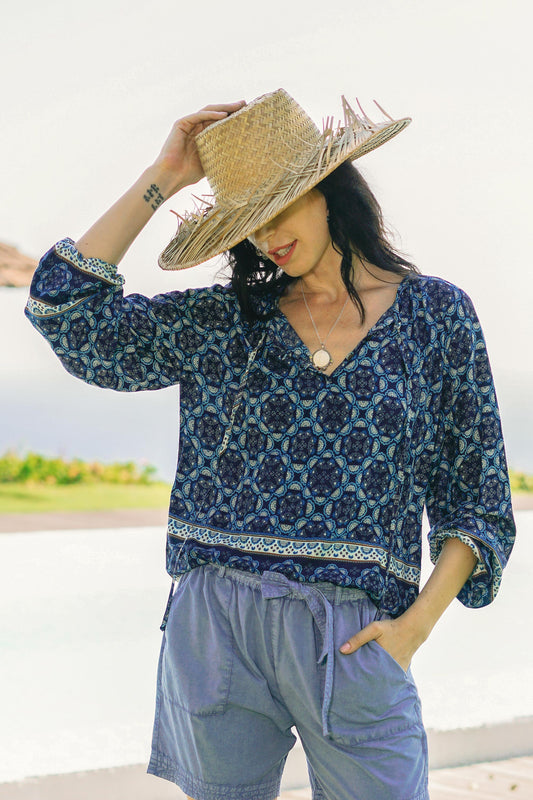 Fascinating Evening Floral Motif Rayon Blouse in Blue from Thailand