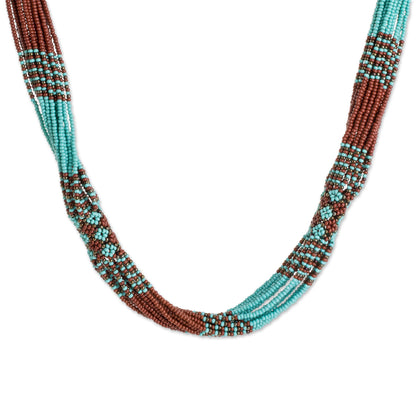 Harmonious Elegance in Brown Brown and Turquoise Blue Glass Beaded Strand Necklace
