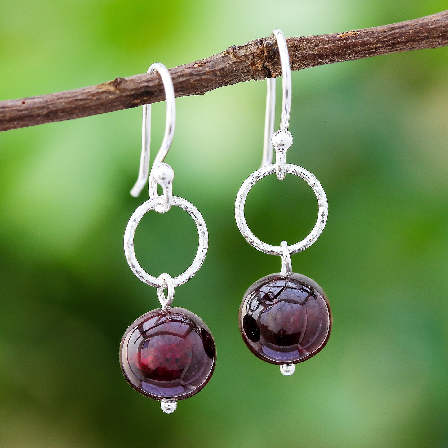 Ring Shimmer Round Garnet Dangle Earrings Crafted in Thailand