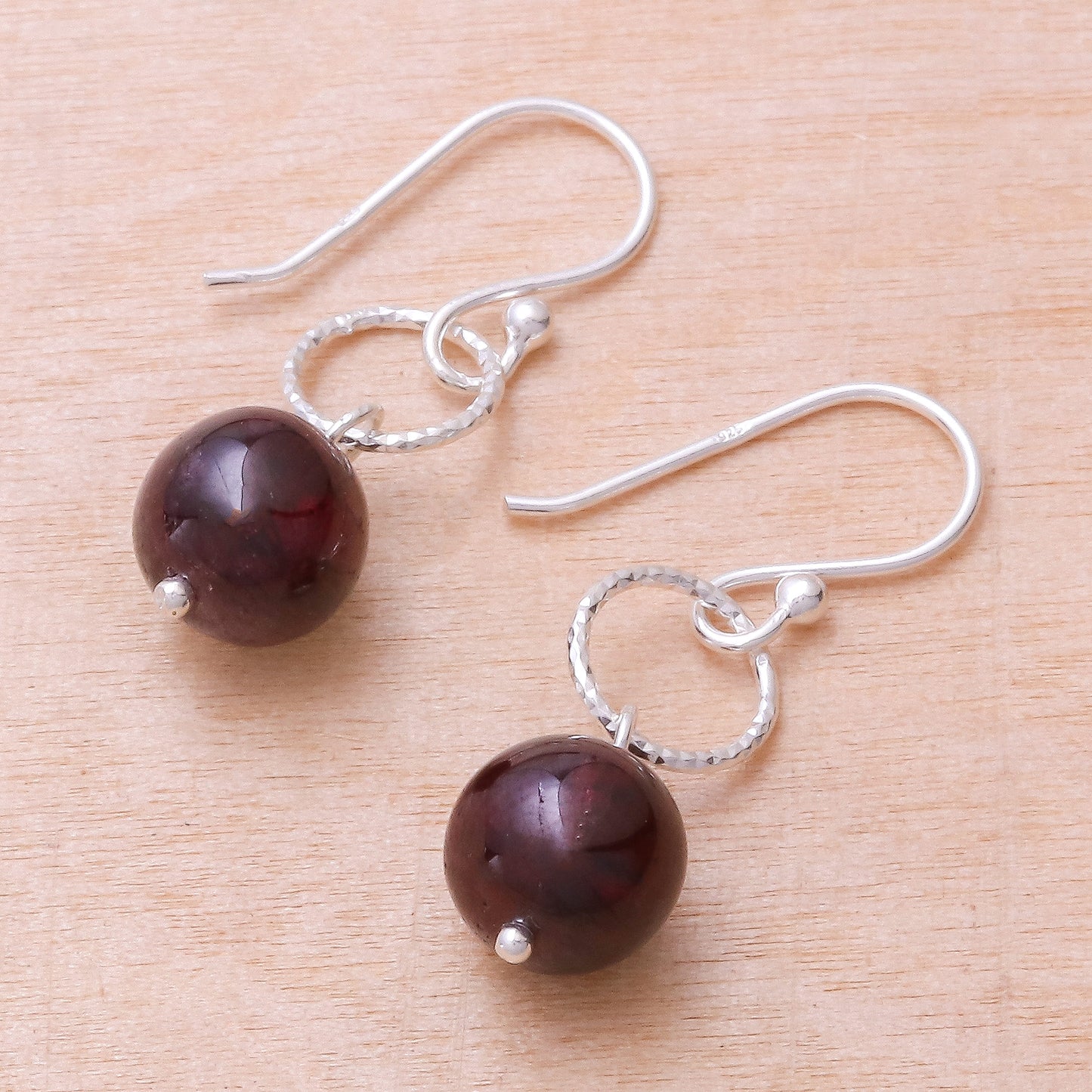 Ring Shimmer Round Garnet Dangle Earrings Crafted in Thailand