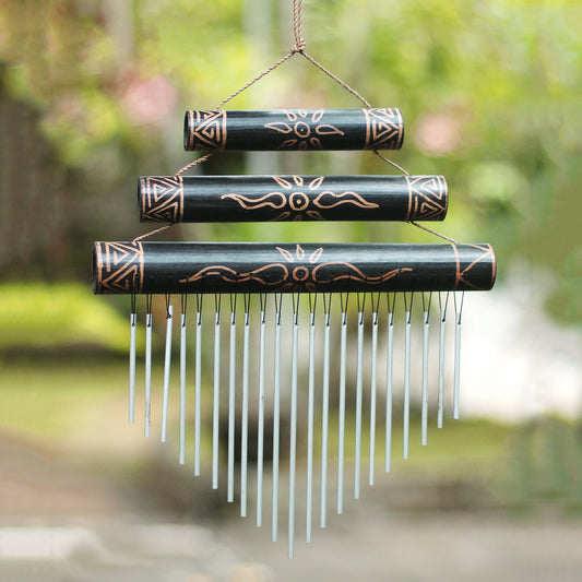Breezy Sound Sun Motif Bamboo Wind Chimes in Black from Bali