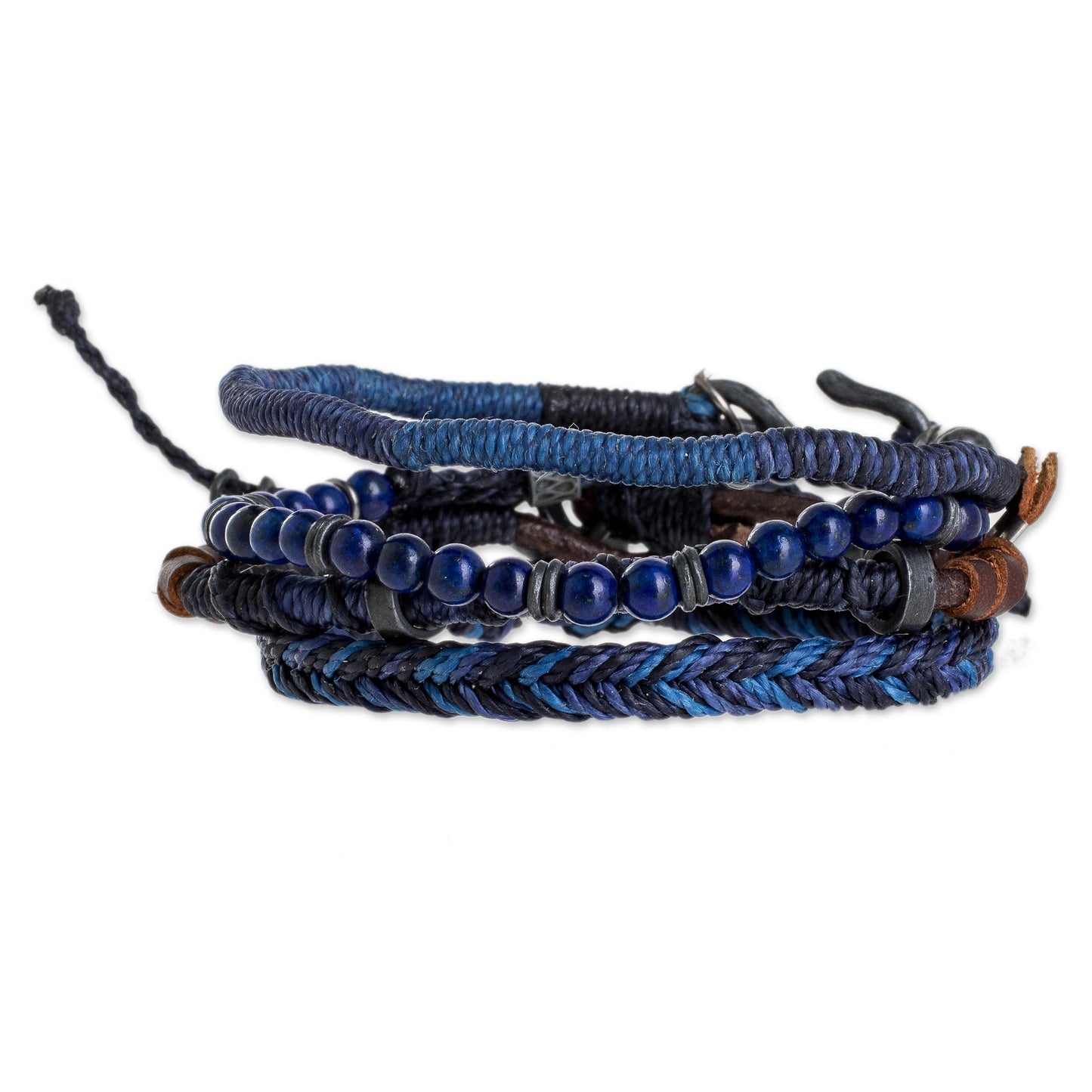Boho Friends Lapis Lazuli and Leather Bracelets from Guatemala (Set of 4)