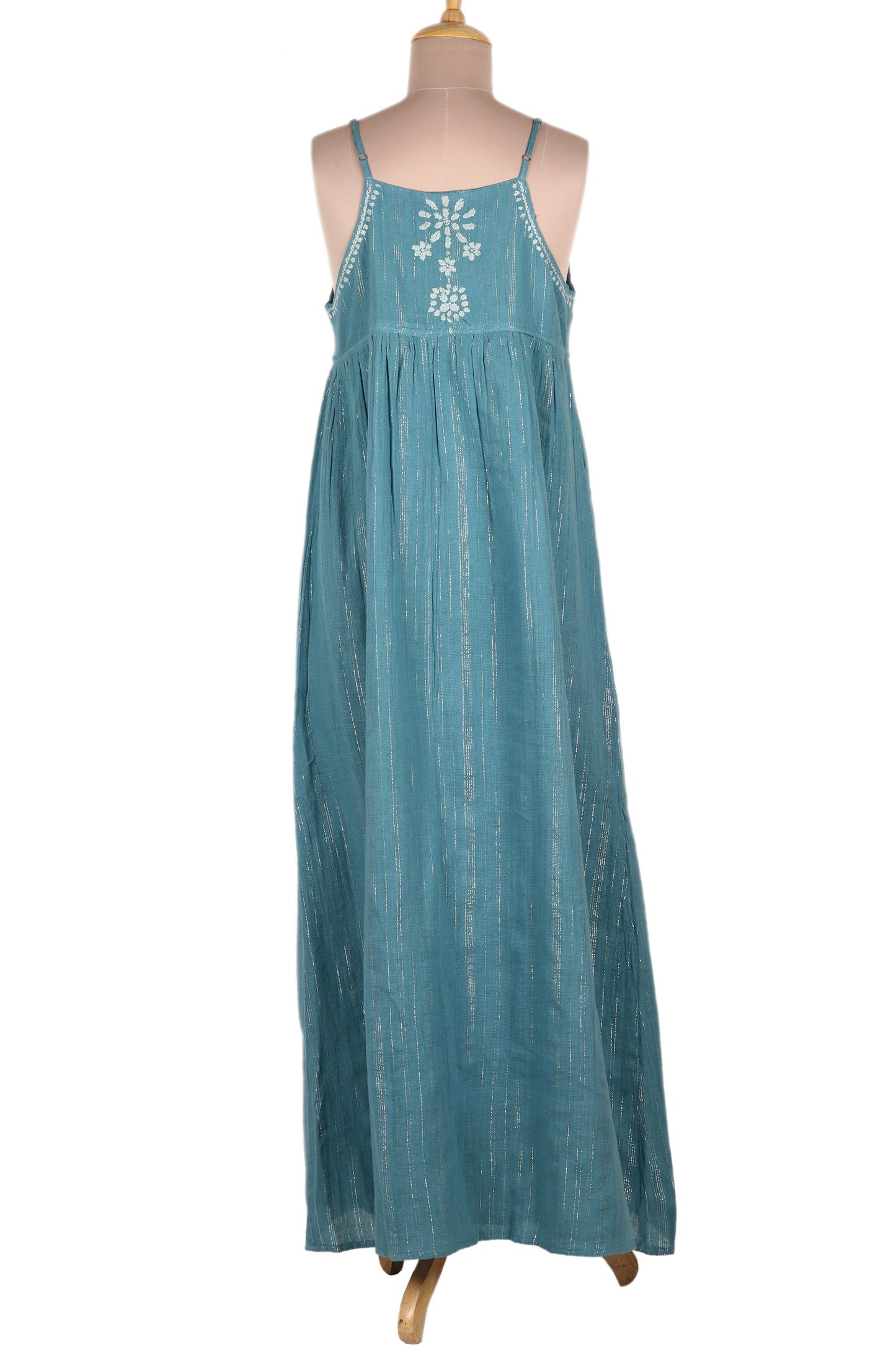 Seaside Flowers Embroidered Teal Cotton Sundress from India