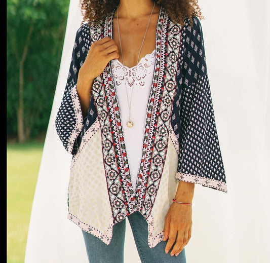 Boho Beauty Embroidered Open Jacket in Midnight Blue