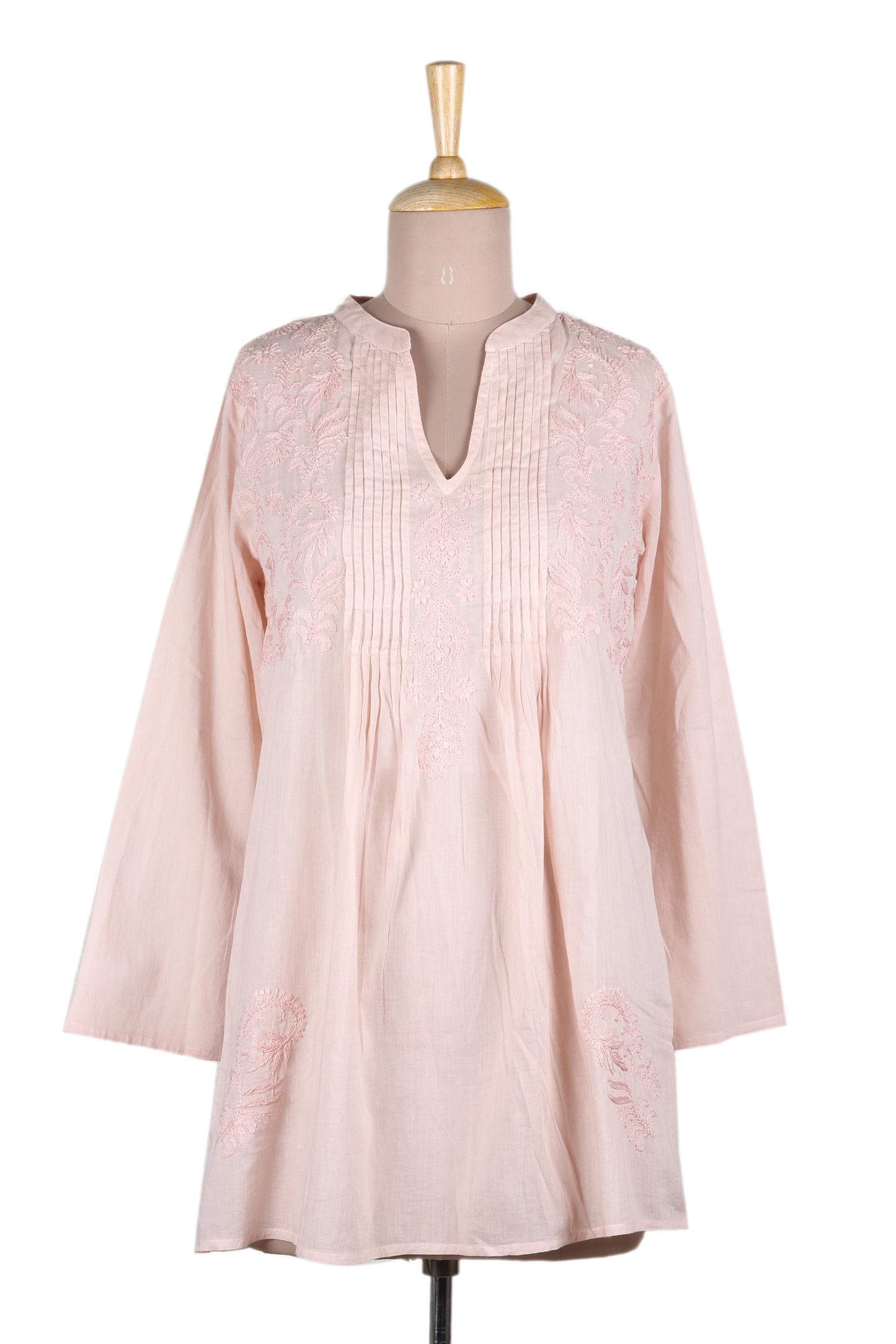Spring Dance Hand Embroidered Pink Cotton Tunic from India