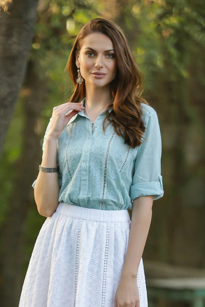 Elegant in Mint Feminine All Cotton Mint Green Blouse from India