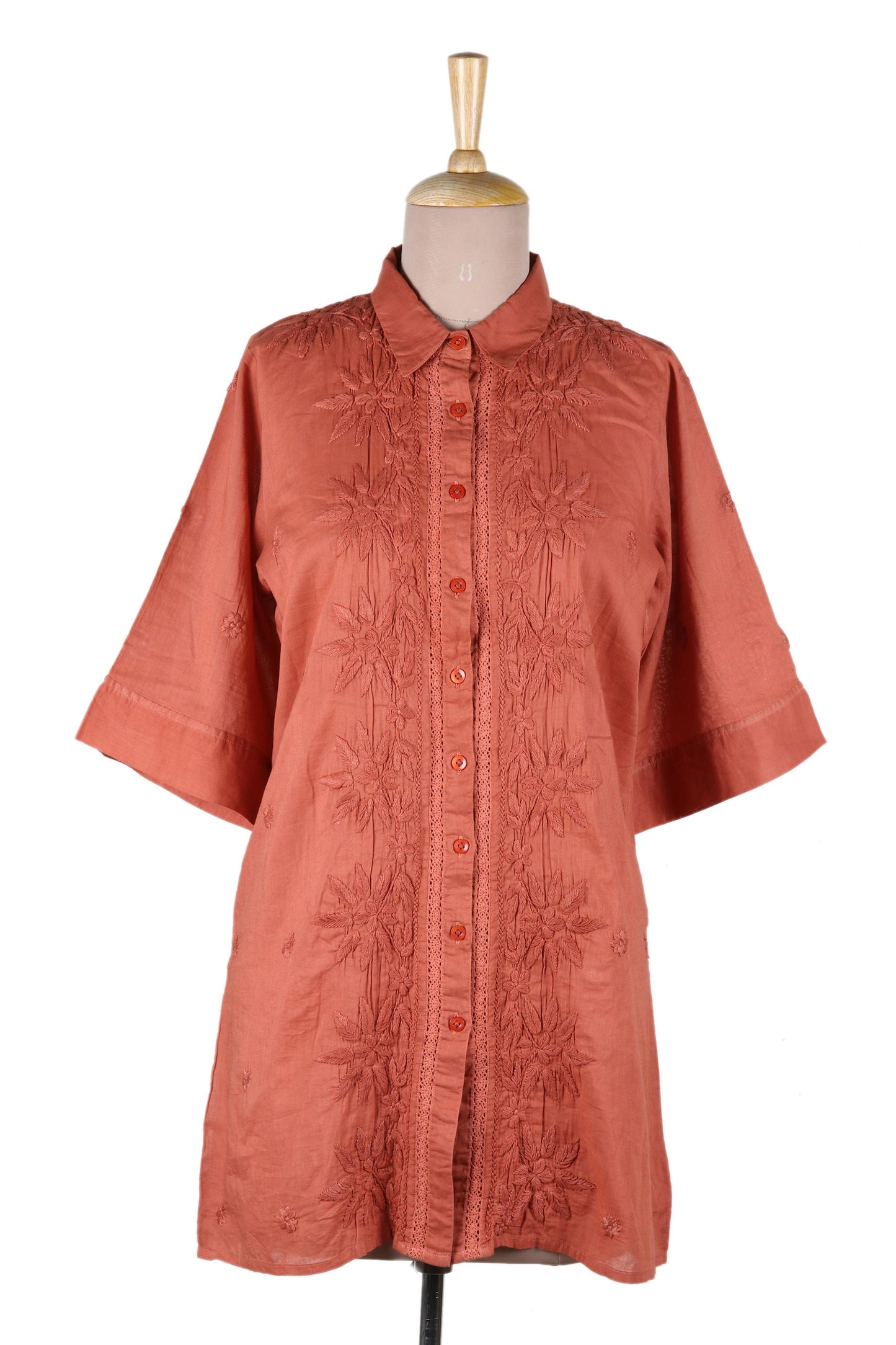 Chikan Chic Embroidered Floral Terracotta Cotton Shirt