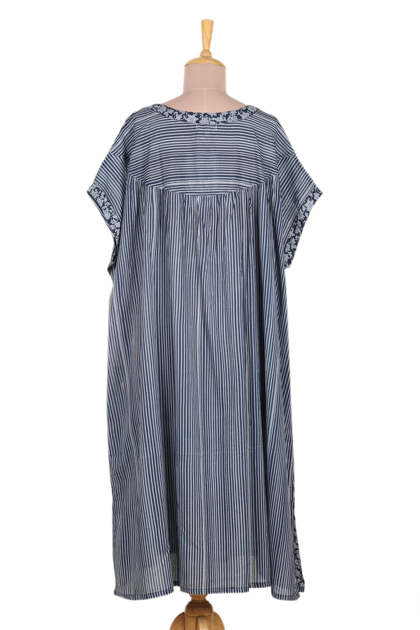 Stripes and Flowers Dark and Light Blue Striped Cotton Caftan Dress