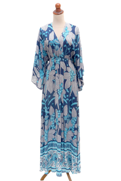 Venus Garden Blue Print Rayon Caftan-Style Maxidress