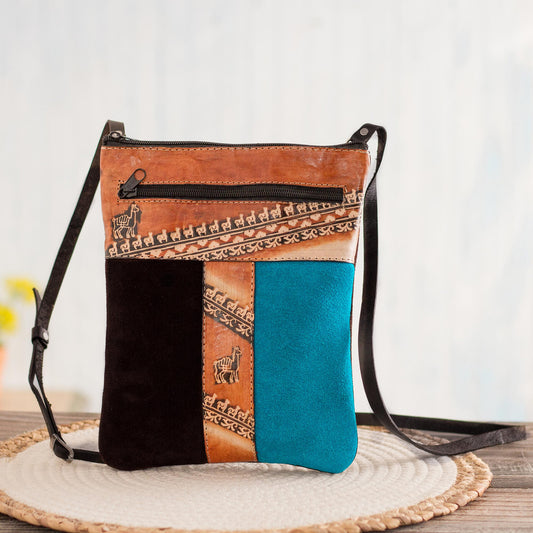 The Llama Way Brown and Teal Llama Pattern Leather Accented Suede Sling