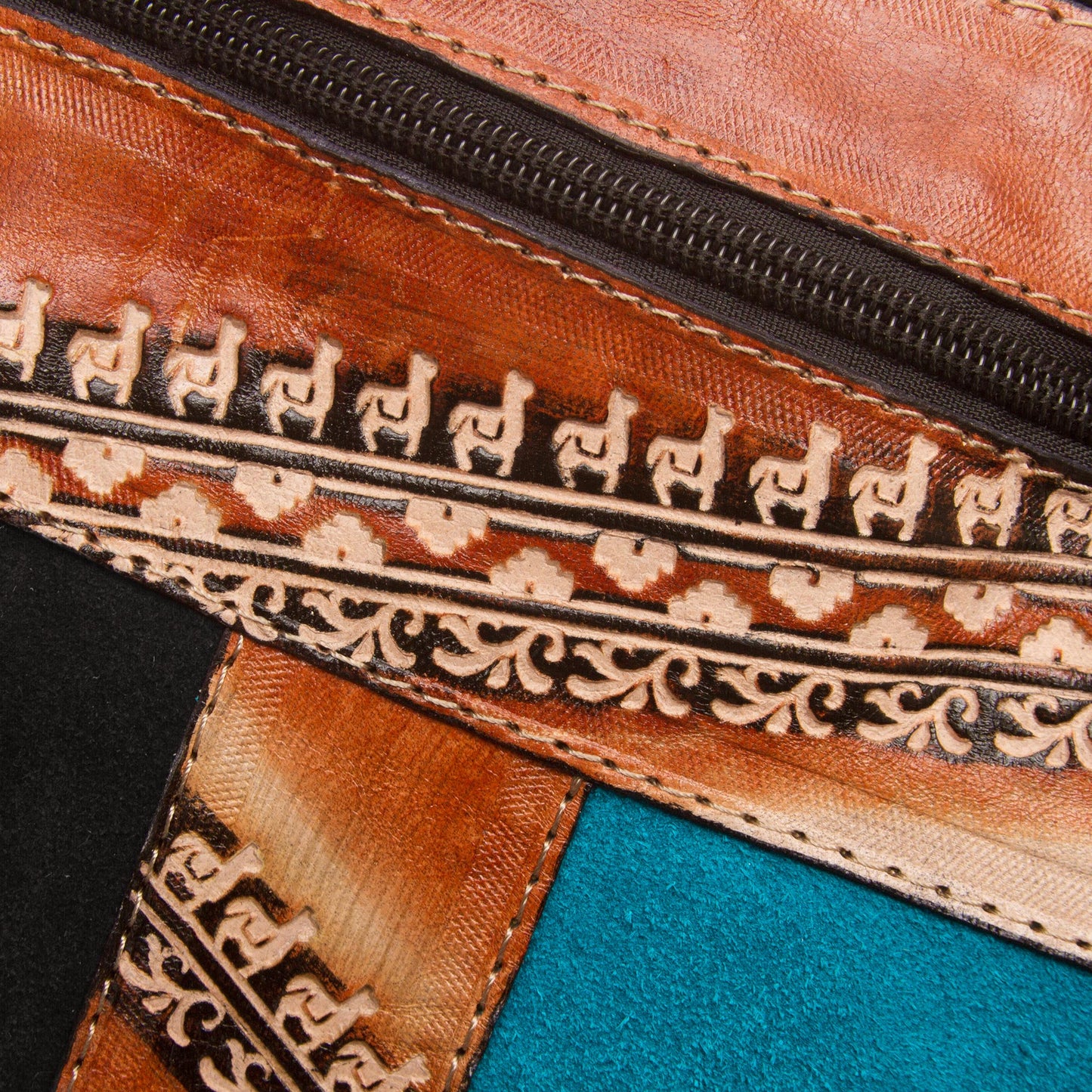 The Llama Way Brown and Teal Llama Pattern Leather Accented Suede Sling