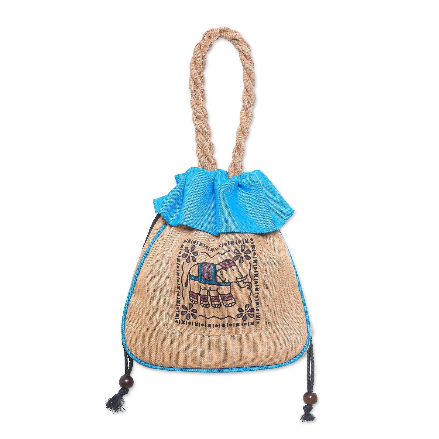 Elephant Caper in Blue 100% Cotton Tan and Blue Elephant Motif Cinch-Top Handbag