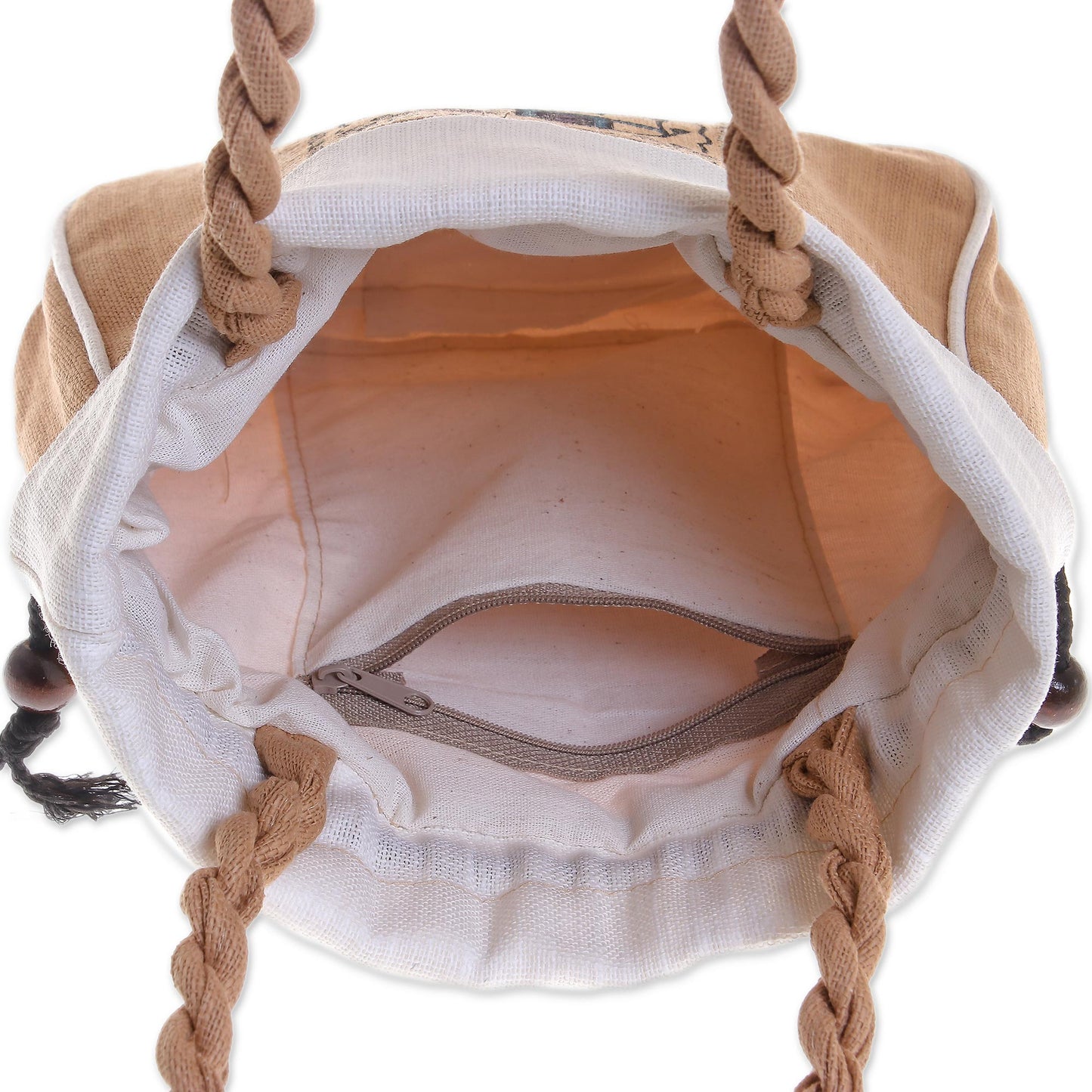 Elephant Caper in White 100% Cotton Tan and White Elephant Motif Cinch-Top Handbag