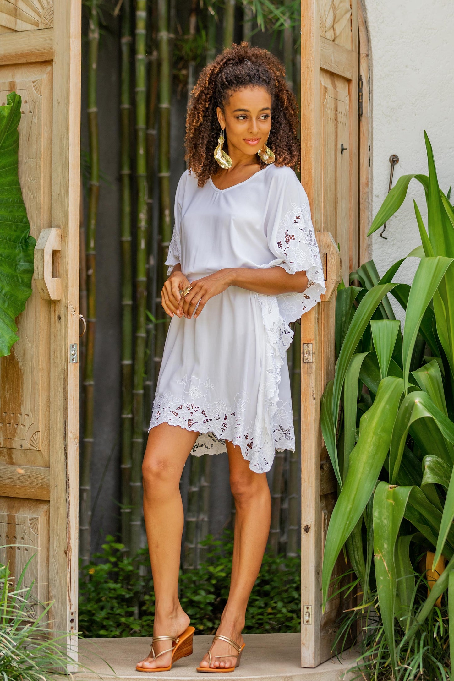 Goddess in White Lacy Belted White Rayon Caftan from Bali