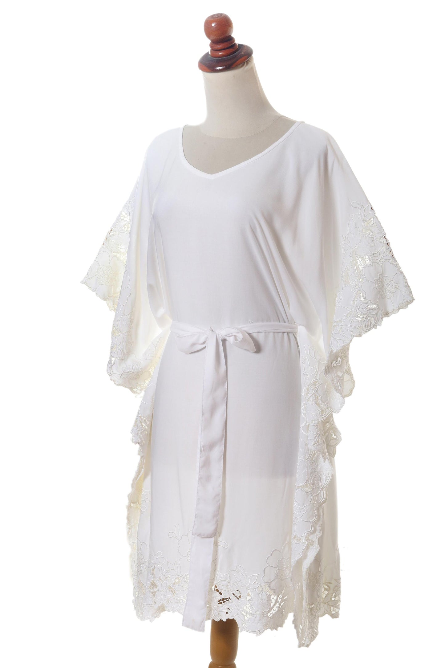 Goddess in White Lacy Belted White Rayon Caftan from Bali