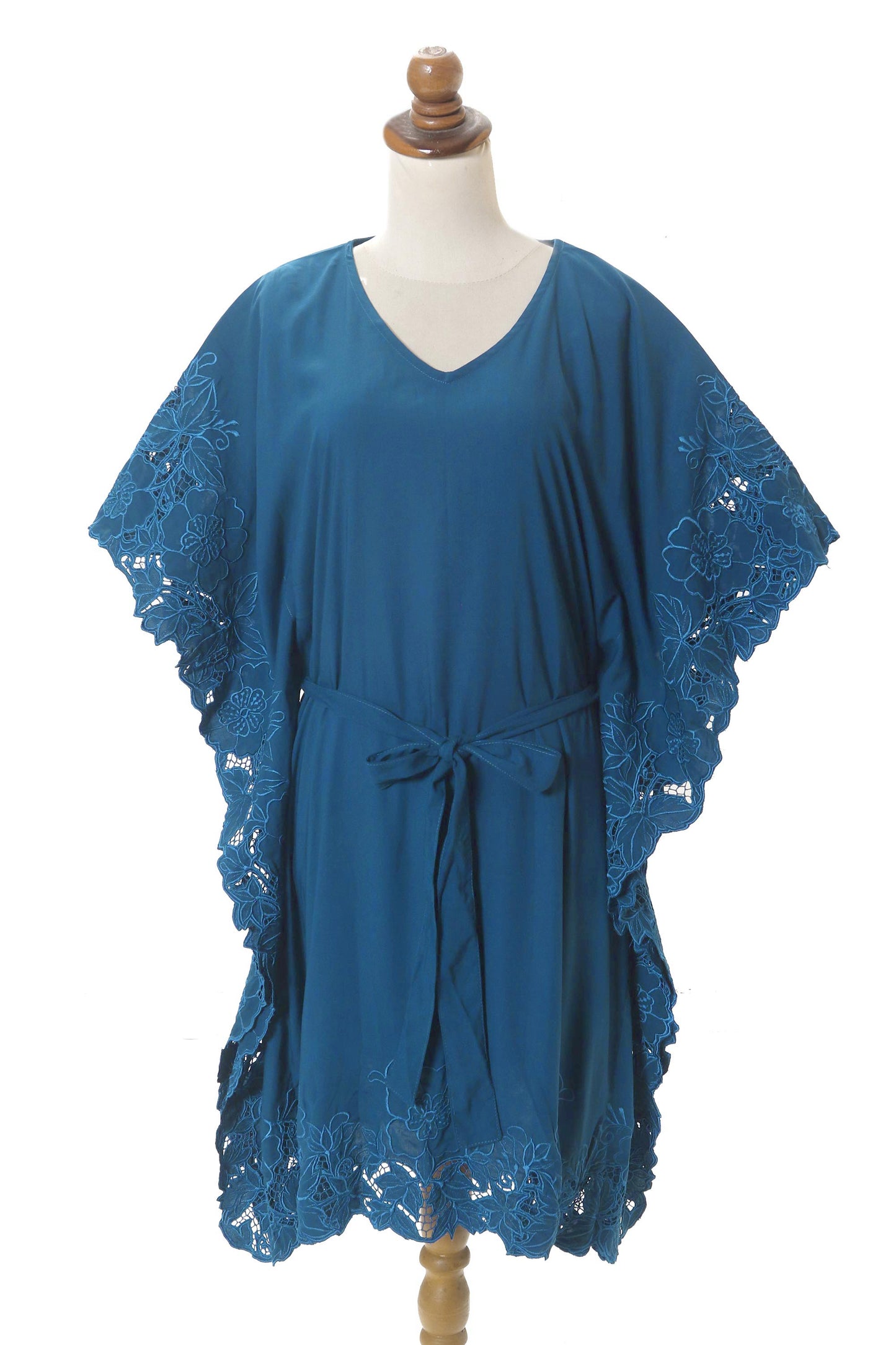 Goddess in Azure Embroidered Rayon Caftan in Azure from Bali