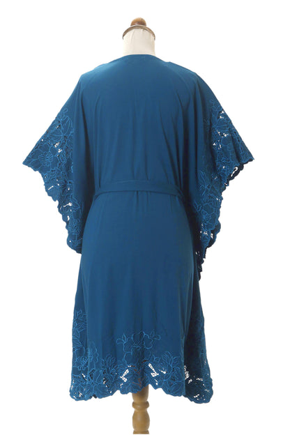 Goddess in Azure Embroidered Rayon Caftan in Azure from Bali