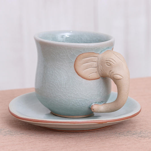 Elephant Gaze Aqua Celadon Cup and Saucer with Elephant Motif