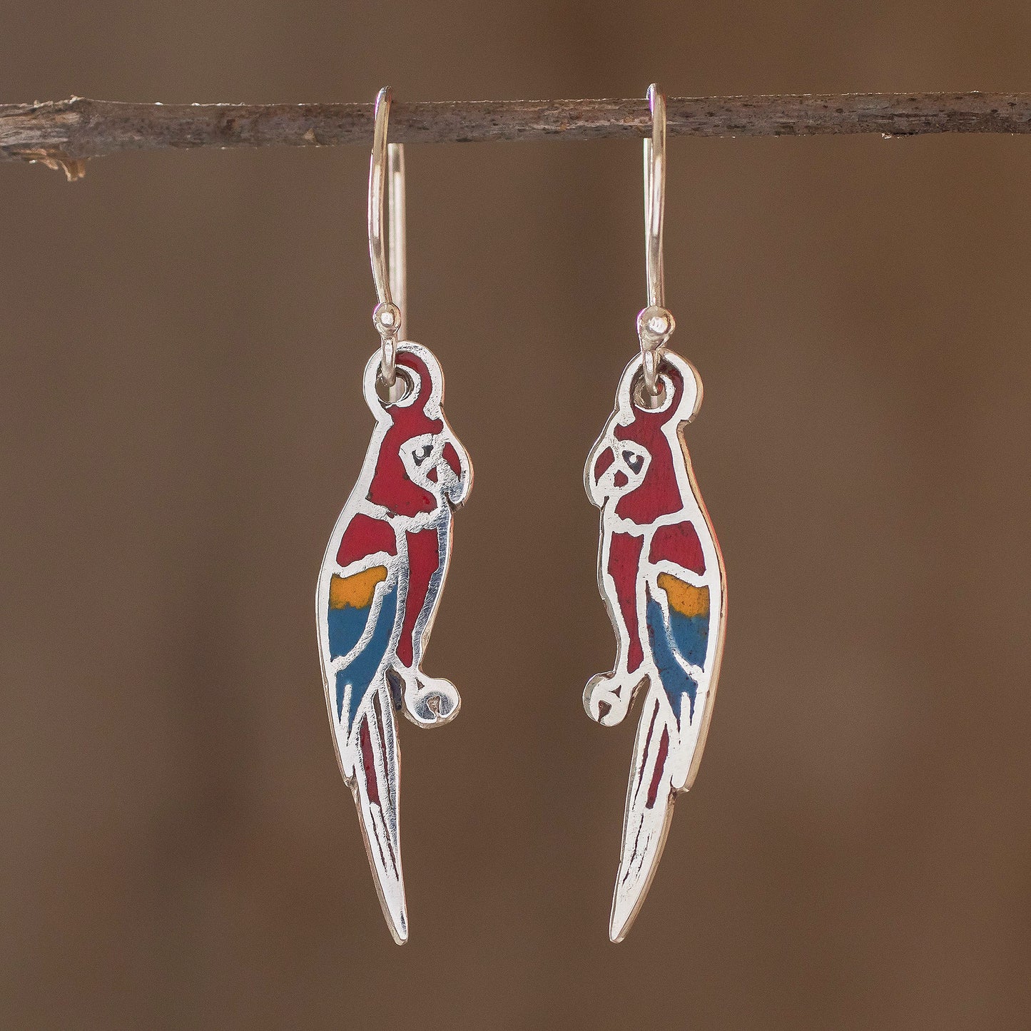 Scarlet Macaws Enameled Sterling Silver Costa Rican Macaw Earrings