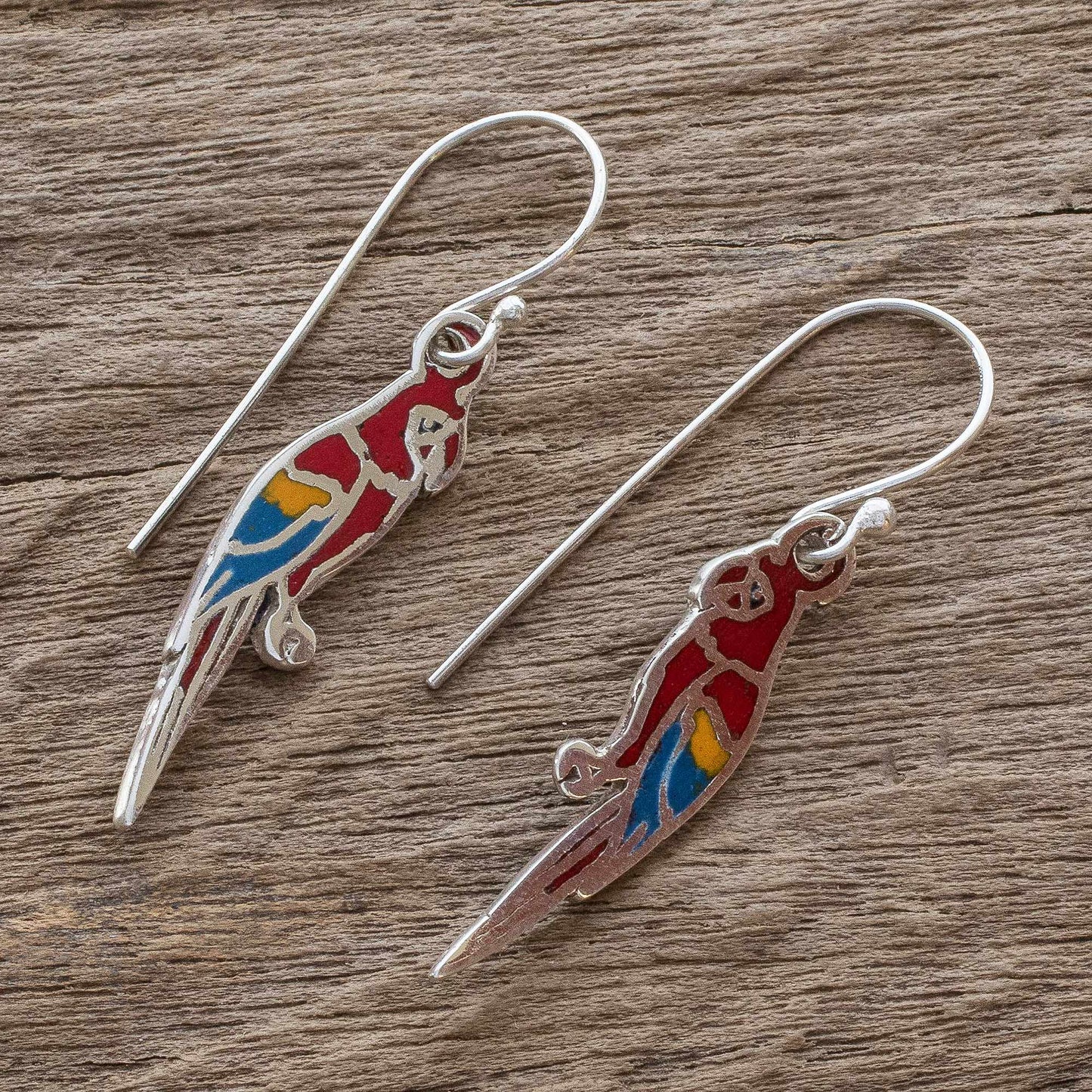 Scarlet Macaws Enameled Sterling Silver Costa Rican Macaw Earrings
