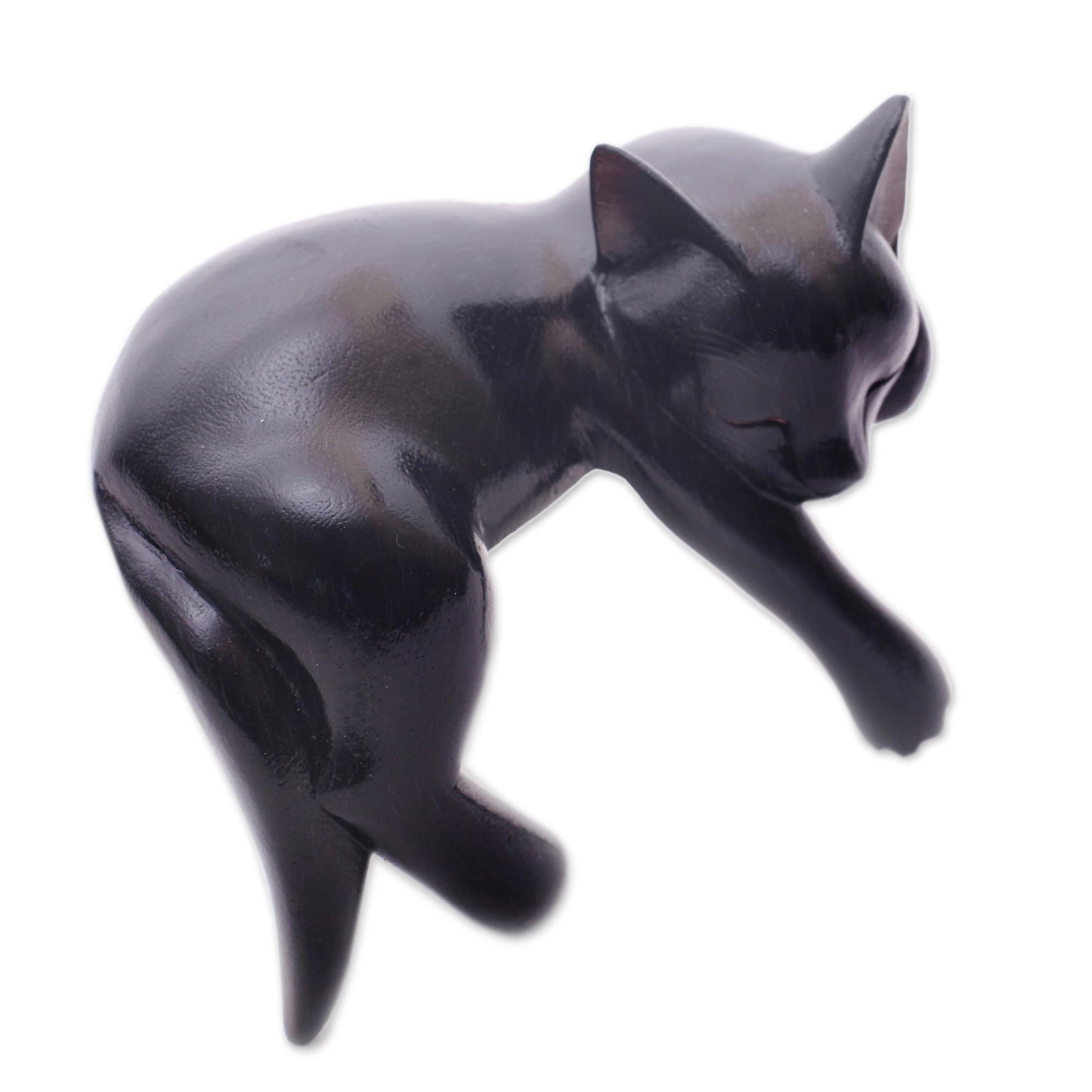 Black Catnap Balinese Signed Hand-Carved Sleeping Black Cat Sculpture