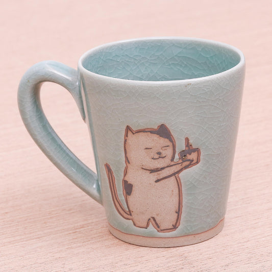 Just For You Adorable Celadon Ceramic Kitty Mug
