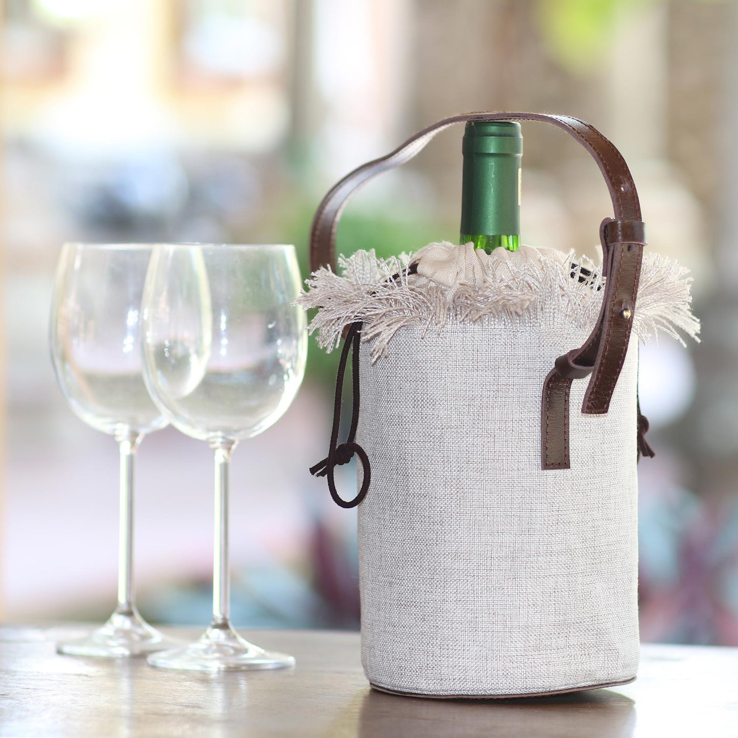 Vineyard Picnic Elegant Cotton and Leather Wine Tote Bag