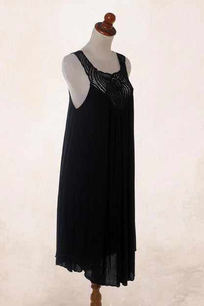 Drifting Clouds in Black Hand Embroidered Black Cotton Dress