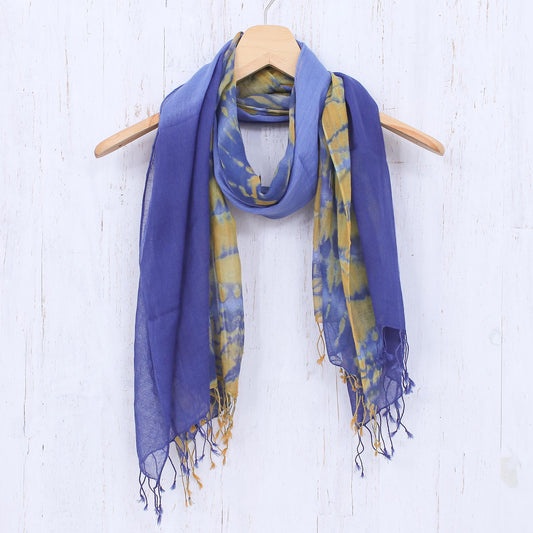 Wave of Love Pair of Cotton Tie-Dye Scarves in Blue and Yellow