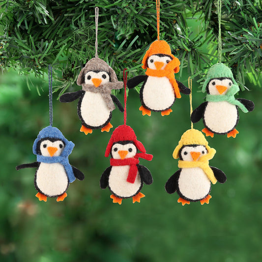 Cozy Penguins Handmade Felted Wool Penguin ornaments (Set of 6)