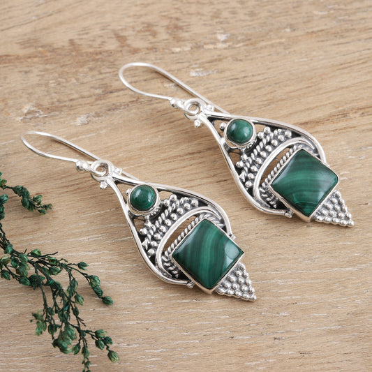 Green Ocean Malachite Cabochon and Sterling Silver Dangle Earrings