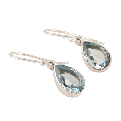 Blue Droplets Teardrop Faceted Blue Topaz Silver Dangle Earrings