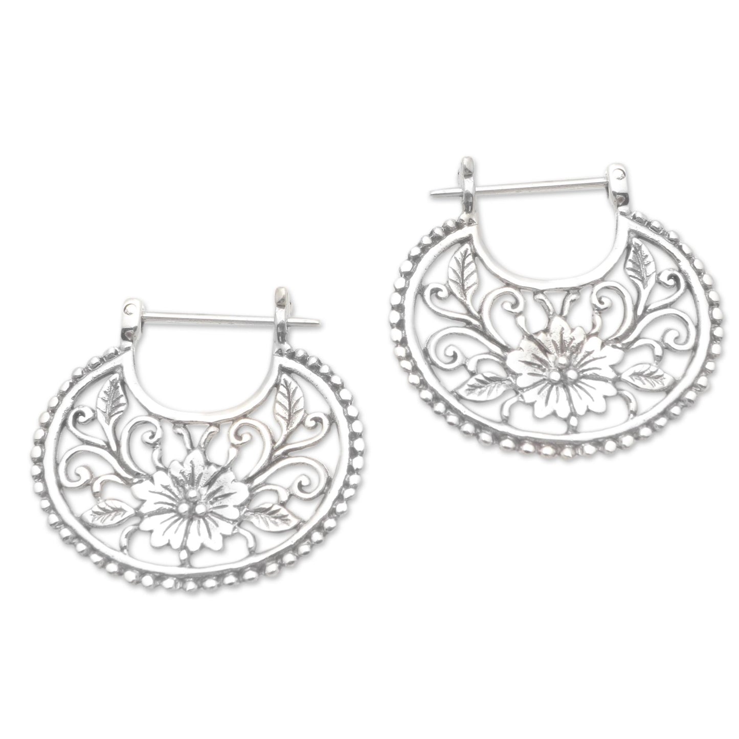 Floral Curves Balinese Sterling Silver Hoop Earrings