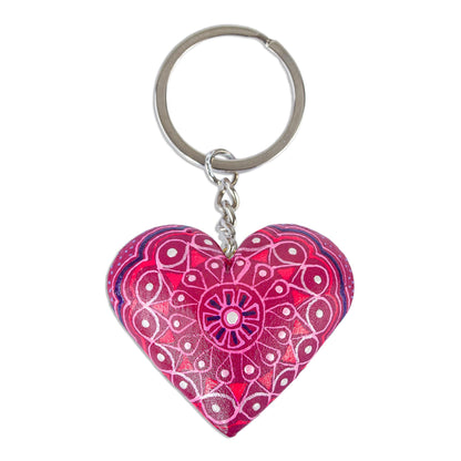 Cherry Heart Alebrije-Style Wood Heart Key Fob