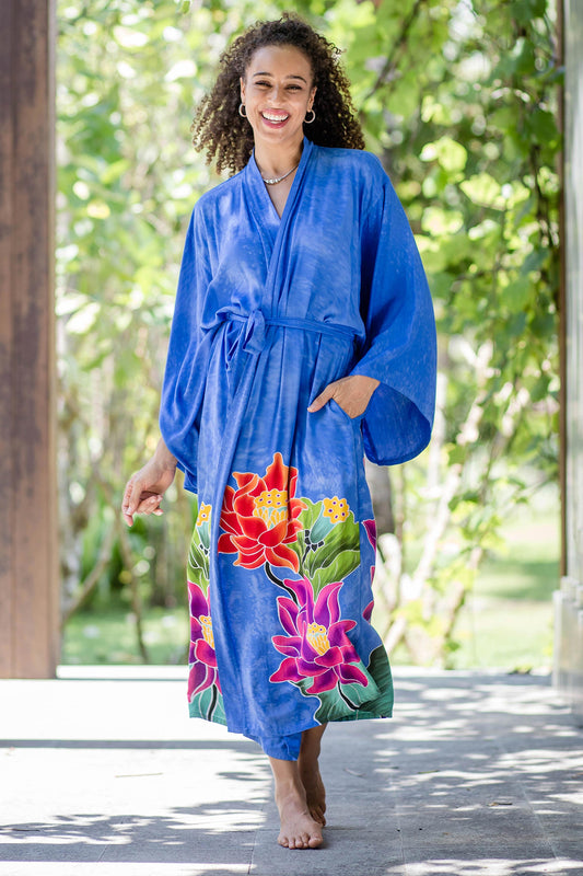 Beautiful Flowers in Blue Blue and Multicolored Floral Rayon Robe