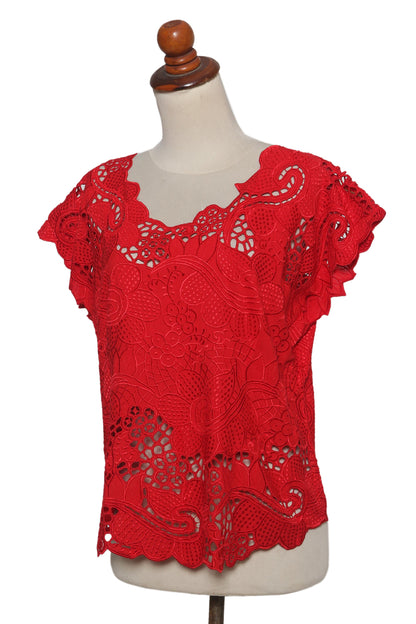 Rose Mallow in Red Red Floral Openwork and Embroidered Rayon Top